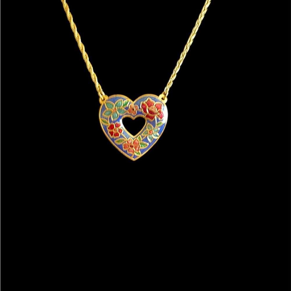 Vintage Avon Gold Heart Necklace with Cloisonné Floral Accents